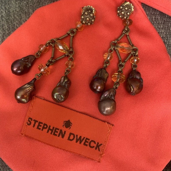 STEPHEN DWECK gorgeous bronze tone chandelier earrings baroque pearls & crystals - Picture 2 of 7